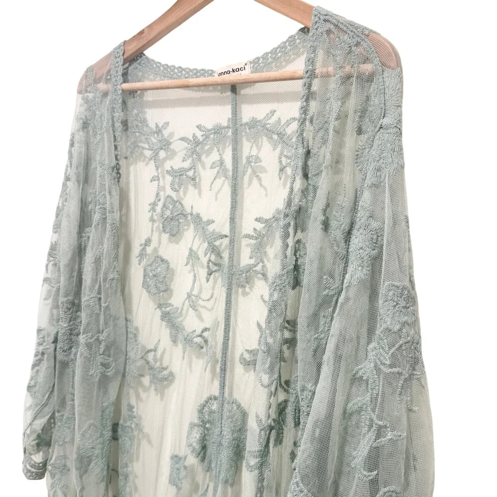Anna-Kaci Sage Green Embroidered Lace Kimono Duster One Size Sheer Floral